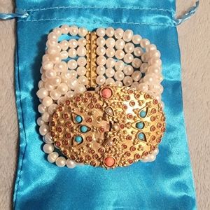 Multi stones fresh water pearls, garnets,  corals, turquoise and onyx Bracelet.